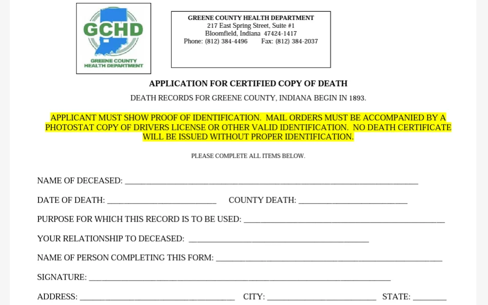 A screenshot of the form used to obtain death documents in Greene County, Indiana.