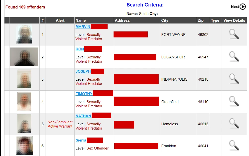 A screenshot of the search tool that can be used to locate offenders in each county by name, address, phone number, or even email address.