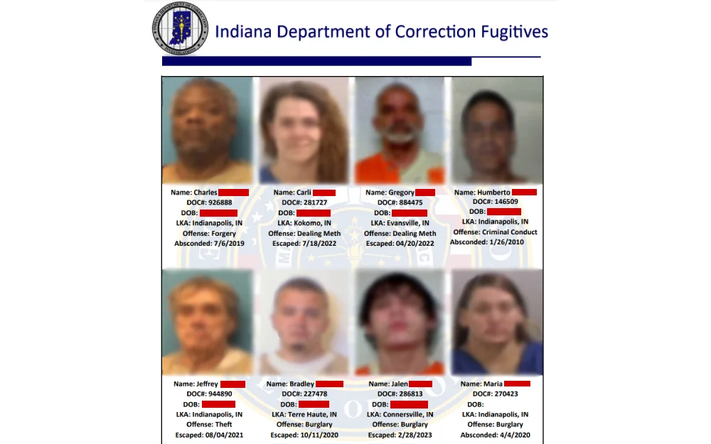 A public notice from the Indiana Department of Correction displaying photographs, names, and details of individuals who are fugitives from justice, including their offenses and the dates they absconded or escaped.