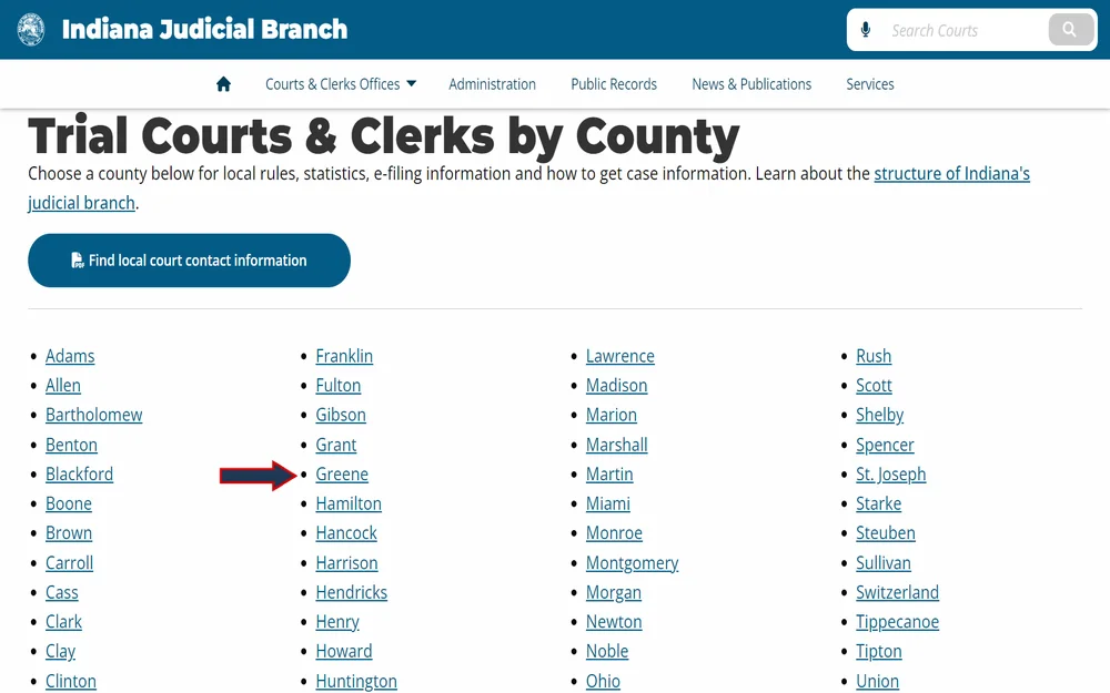 A screenshot from the Indiana Judicial Branch website, displaying a list of counties as links to their respective trial courts and clerks’ offices, offering resources such as local rules, statistics, e-filing information, and case information.