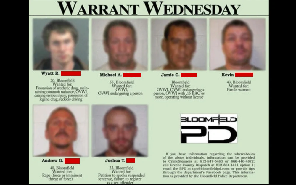 A bulletin from a local police department featuring blurred photographs and redacted names of individuals, along with their ages, locations, and a brief description of the charges for which they are wanted, all under a banner titled "WARRANT WEDNESDAY".