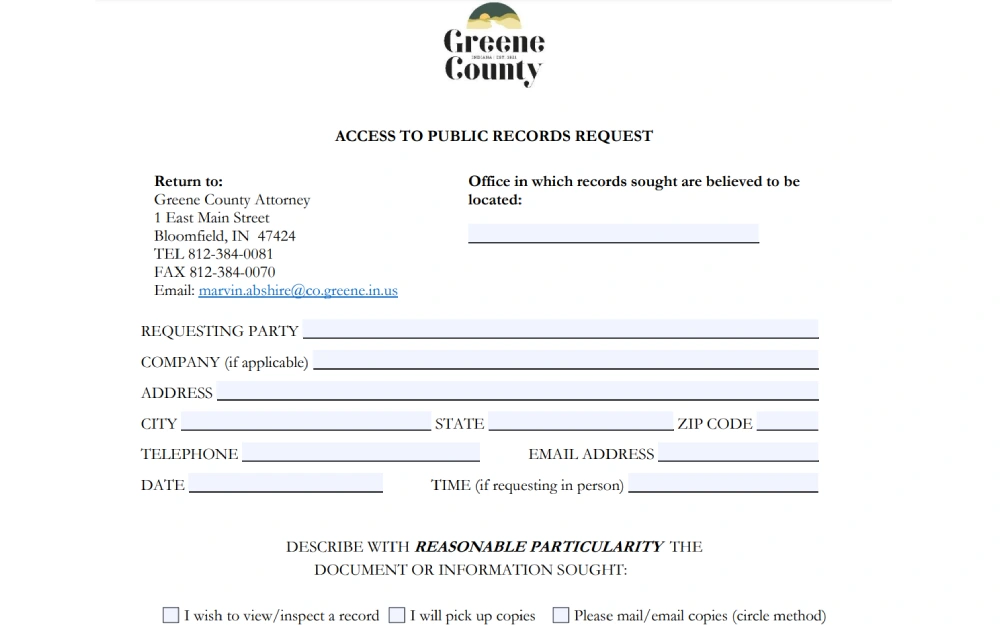 A screenshot of a public records request form for Greene County, providing a section for the requesting party's details, the office location where records are believed to be located, and options for how to receive the records, with the county's header and contact information at the top.
