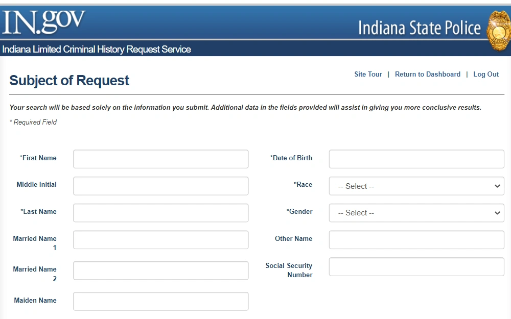 A screenshot of the third page of the limited criminal history check form from the Indiana State Police displays the fields for the subject's information, including name, date of birth, race, gender, and social security number.